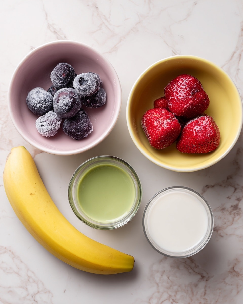 A single yellow banana lies near three white bowls and one small glass cup on a white marbled surface. The top left bowl has frozen dark blueberries with a light frost on them inside a pink inner bowl. The top right bowl contains three large frozen red strawberries with frost inside a yellow inner bowl. Below them, the bottom left bowl holds a green liquid, likely matcha or syrup. The bottom right glass cup is filled with white milk. The arrangement is neat and spaced out, showing a clean, fresh setup. photo taken with an iphone --ar 4:5 --v 7