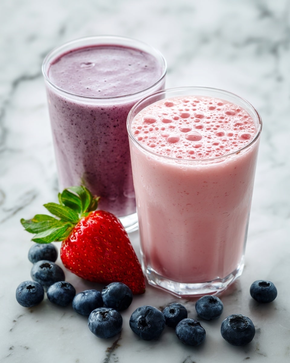 Two clear glasses are filled almost to the top with fresh smoothies. The smoothie in the front glass is light pink with many small bubbles on top, showing a smooth and creamy texture. Behind it, the second glass has a darker purple smoothie, looking thick and mixed. Beside the glasses on a white marbled surface, a bright red strawberry with green leaves lies next to several plump, dark blue blueberries scattered around. Photo taken with an iphone --ar 4:5 --v 7