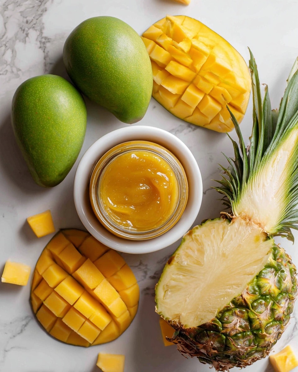 The image shows a white bowl in the center with two whole green mangoes and one whole yellow mango inside. A glass jar filled with a golden yellow sauce or jam is also in the bowl. Next to the bowl, on the right side, there is a pineapple cut in half with its green leafy top still attached, showing the bright yellow interior. Around the bowl, there are fresh mango slices cut in a grid pattern with a bright orange-yellow color. In the foreground, there are small pieces of yellow pineapple scattered on a white marbled surface. The overall look is fresh and colorful, with a mix of green, yellow, and orange tones. photo taken with an iphone --ar 4:5 --v 7