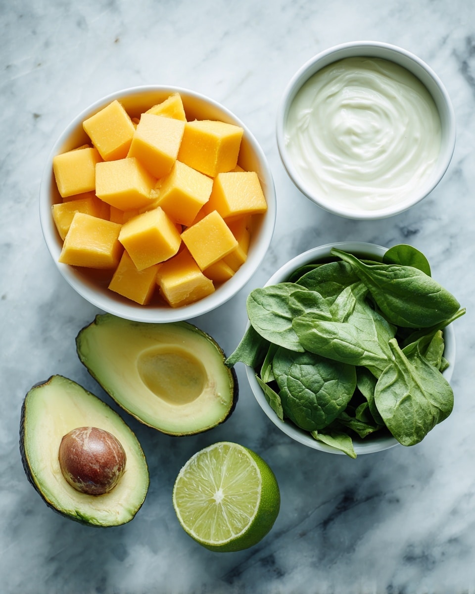 The image shows an arrangement of fresh ingredients on a white marbled surface. At the center top is a white bowl filled with small yellow-orange cubes that look like frozen mango pieces. To the right is a smaller white bowl with a smooth, white liquid inside. Below the mango cubes, there is a white cup holding a creamy white substance with a thick texture. To the right of this cup, a white bowl holds fresh green spinach leaves, showing their smooth and slightly curved surfaces. At the bottom left are two halves of an avocado, one revealing a large brown seed, the other showing smooth green flesh. Next to the avocado is a halved lime with a vibrant light green interior. photo taken with an iphone --ar 4:5 --v 7