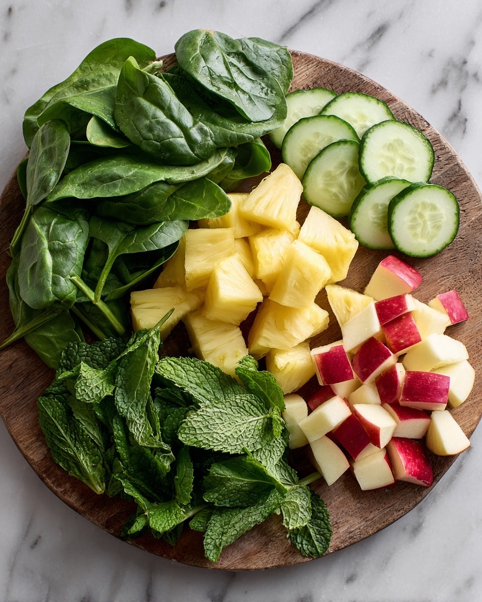 A round wooden board holds fresh, healthy ingredients arranged in groups, placed on a white marbled surface. On the left, there is a bunch of dark green spinach leaves with a smooth texture. Next to it, a cluster of medium yellow pineapple chunks with a slightly rough texture fills the center of the board. Slightly above, there are light green cucumber slices showing the inner seeds and a smooth outer edge placed in a small group. In the top right, bright green fresh mint leaves with detailed veins are laid neatly. At the bottom right, red and cream apple cubes with skin on two sides add a nice pop of color in contrast to the greens and yellow. photo taken with an iphone --ar 4:5 --v 7