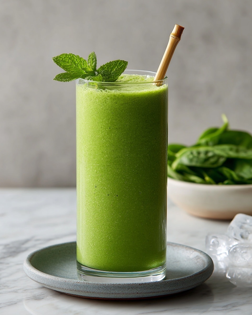 A tall, clear glass filled with a thick, fresh green smoothie that has a slight frothy layer on top, indicating a smooth texture. The drink is garnished with a bright green mint leaf sprig near the rim, and a bamboo straw is inserted into the glass on the right side. The glass sits on a round, grey plate placed on a white marbled surface. In the background, there is a blurred glass with more green smoothie and a white bowl containing fresh green spinach leaves, with a few ice cubes scattered around on the surface. photo taken with an iphone --ar 4:5 --v 7