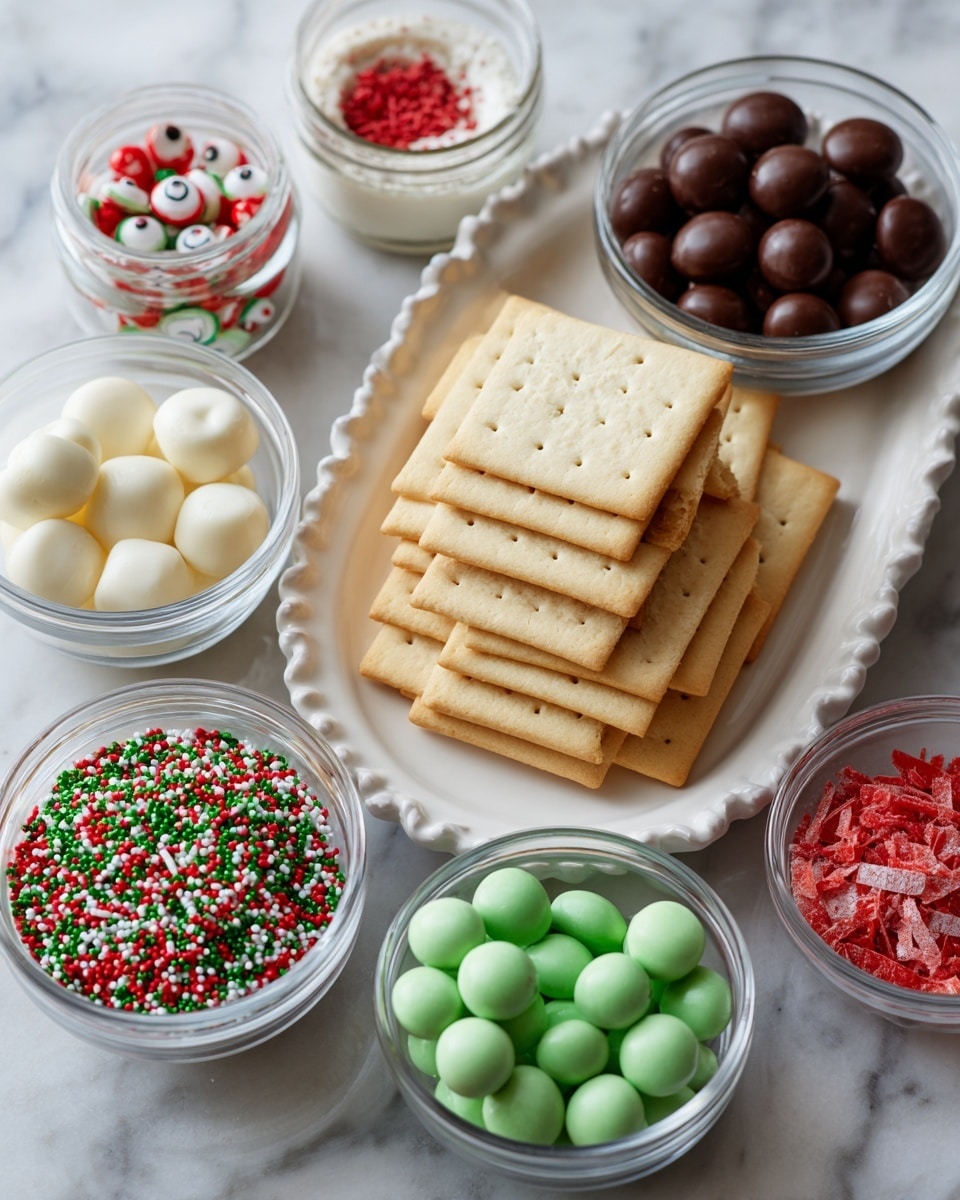 The image shows a white plate with a scalloped edge holding a stack of beige rectangular wafer cookies arranged in a neat pile. Around the plate are several small glass bowls and containers. One bowl contains smooth white candy melts, another bowl has dark chocolate round candy melts, and a third bowl holds green round candy melts with a light dusting. There is also a small white bowl with red and white candy eyes and red candy pieces. Two clear plastic jars with white lids are filled with colorful Christmas-themed sprinkles; one jar has red, green, and white long sprinkles, while the other jar has tiny round sprinkles in red, white, and green. Another small glass bowl has crushed red and white candy pieces. All items are set on a white marbled texture background. photo taken with an iphone --ar 4:5 --v 7