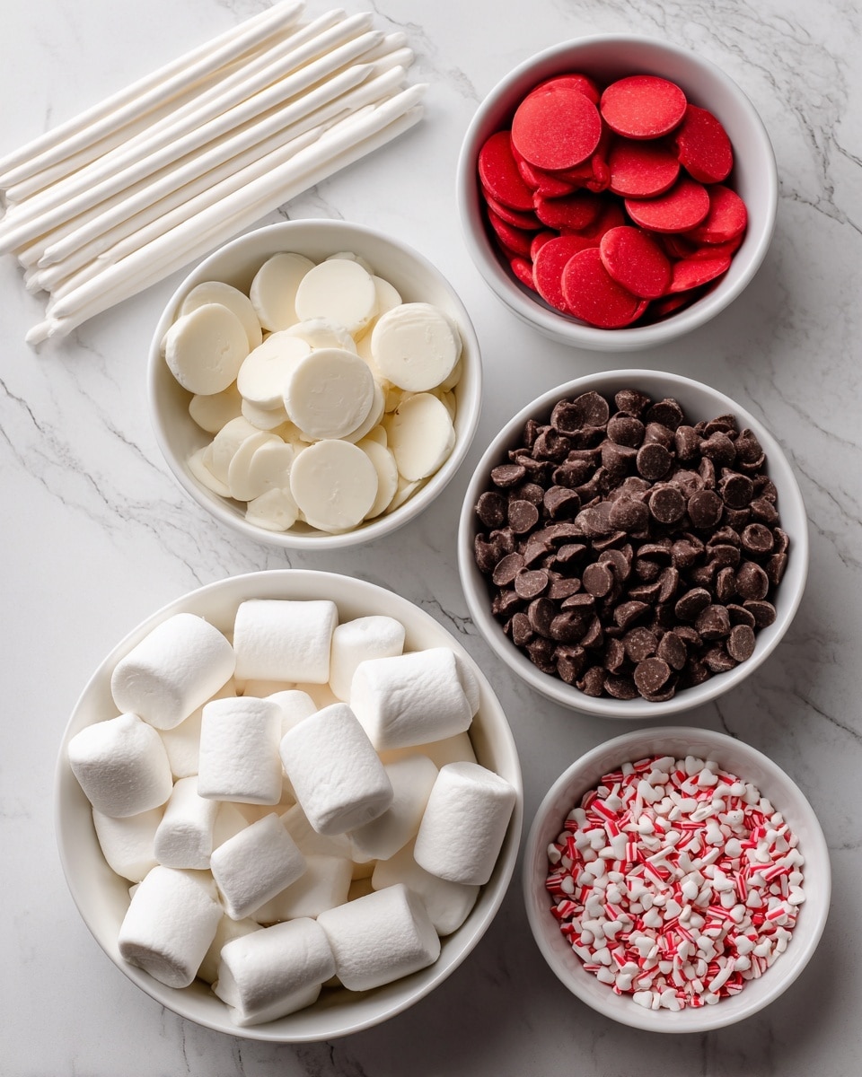 The image shows five white bowls on a white marbled surface, each holding different ingredients. The largest bowl at the bottom left is filled with big, soft white marshmallows. To the right of it is a bowl with small, dark brown chocolate chips. Above this is a bowl containing round, flat red discs that look like candy melts. Above the marshmallows, another bowl holds white flat discs of candy melts. To the top right is a smaller bowl filled with tiny, red heart-shaped sprinkles. On the top left corner, there are white lollipop sticks arranged in parallel lines. photo taken with an iphone --ar 4:5 --v 7