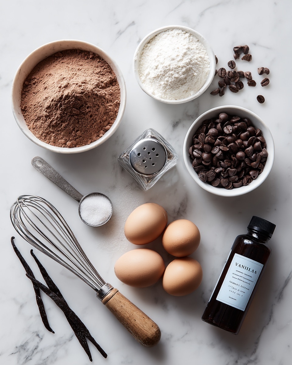 The image shows baking ingredients arranged on a white marbled surface. There is a white bowl filled with light brown powder, likely cocoa powder, placed near the center. Next to it, a small white bowl holds white sugar, while a larger white bowl contains dark chocolate chips. Three eggs with light brown and white shells are placed together below the cocoa powder. A glass salt shaker stands upright near scattered dark brown coffee beans or chocolate chips. A clear measuring spoon with a small amount of white powder lies near the bottom left, next to a whisk with a wooden handle. A dark brown bottle labeled