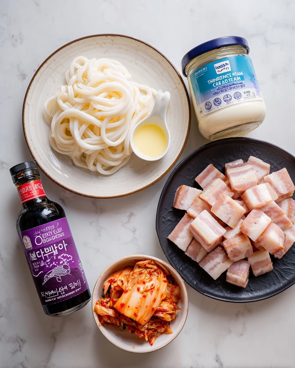 The image shows two blocks of white udon noodles placed side by side on a white plate with a black rim, on a white marbled surface. Above them, there is a white ceramic spoon holding a light yellow thick cream, and next to it is a small jar labeled