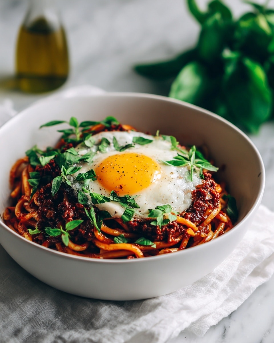 A white bowl filled with thick noodles in a rich red-brown sauce, topped with fresh green herbs scattered on top, and a single sunny side up egg with a bright yellow yolk and white edges placed in the center. The bowl sits on a white cloth on a white marbled surface, with a green leafy plant and a bottle of olive oil blurred in the background. photo taken with an iphone --ar 4:5 --v 7
