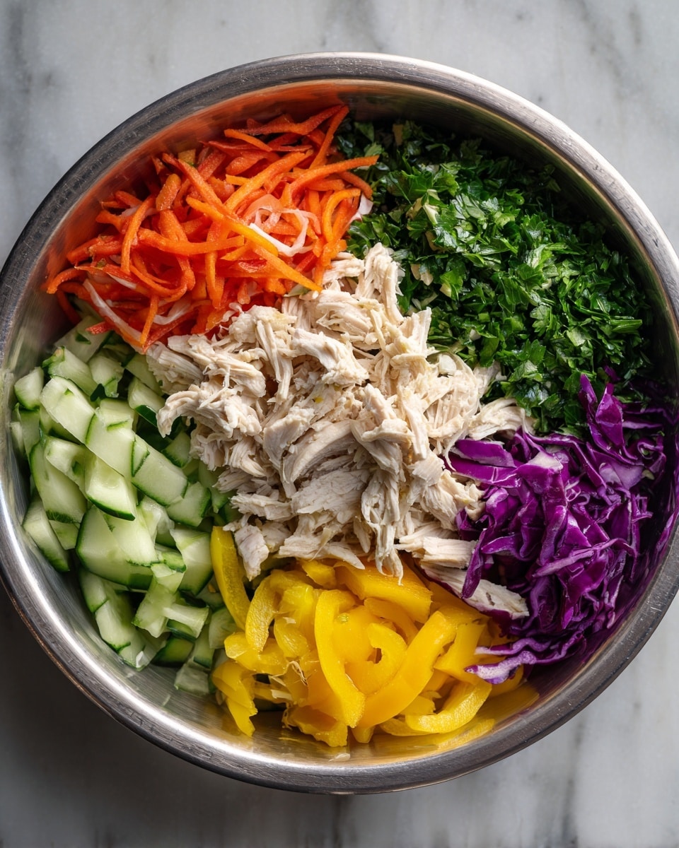 A metal bowl sits on a white marbled surface, filled with five colorful layers arranged around shredded cooked chicken in the center. The top right layer shows bright green chopped parsley, below it finely sliced purple cabbage fills the bottom right part of the bowl. The bottom left layer consists of thinly sliced light green cucumber, while the top left houses bright orange bell pepper strips, and just below them there are bright yellow bell pepper strips. The shredded chicken in the middle is pale beige with a soft texture. photo taken with an iphone --ar 4:5 --v 7