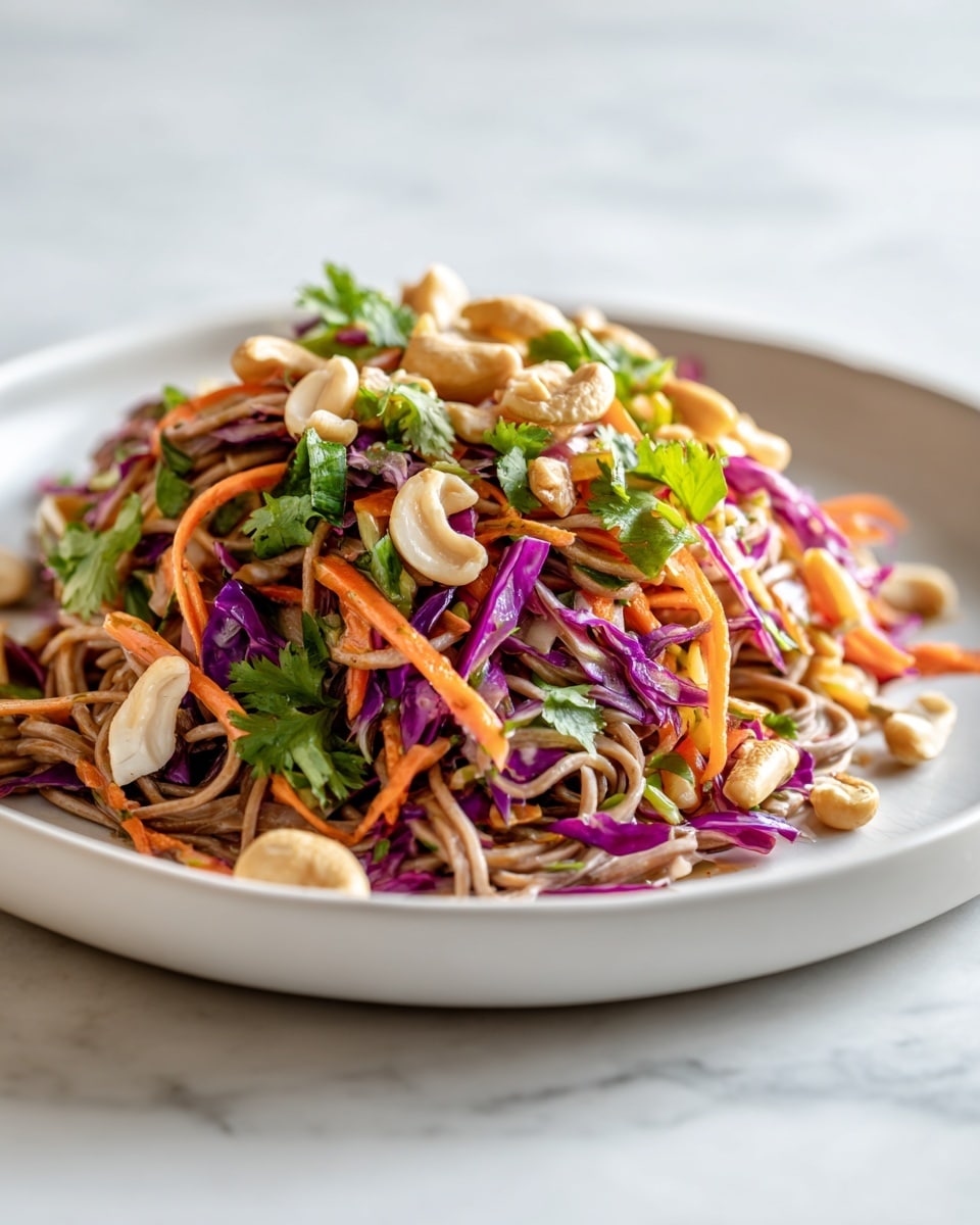 A white plate holds a colorful noodle salad with multiple layers visible. The base consists of thin brown noodles spread across the plate. On top, there are thin strips of orange carrot and bright purple cabbage adding vibrant color. Fresh green herbs, likely cilantro or parsley, are scattered on the salad for a fresh touch. Large light beige cashew nuts are sprinkled generously, adding texture. The dish sits on a white marbled surface, with a soft, natural light illuminating the fresh ingredients clearly. photo taken with an iphone --ar 4:5 --v 7
