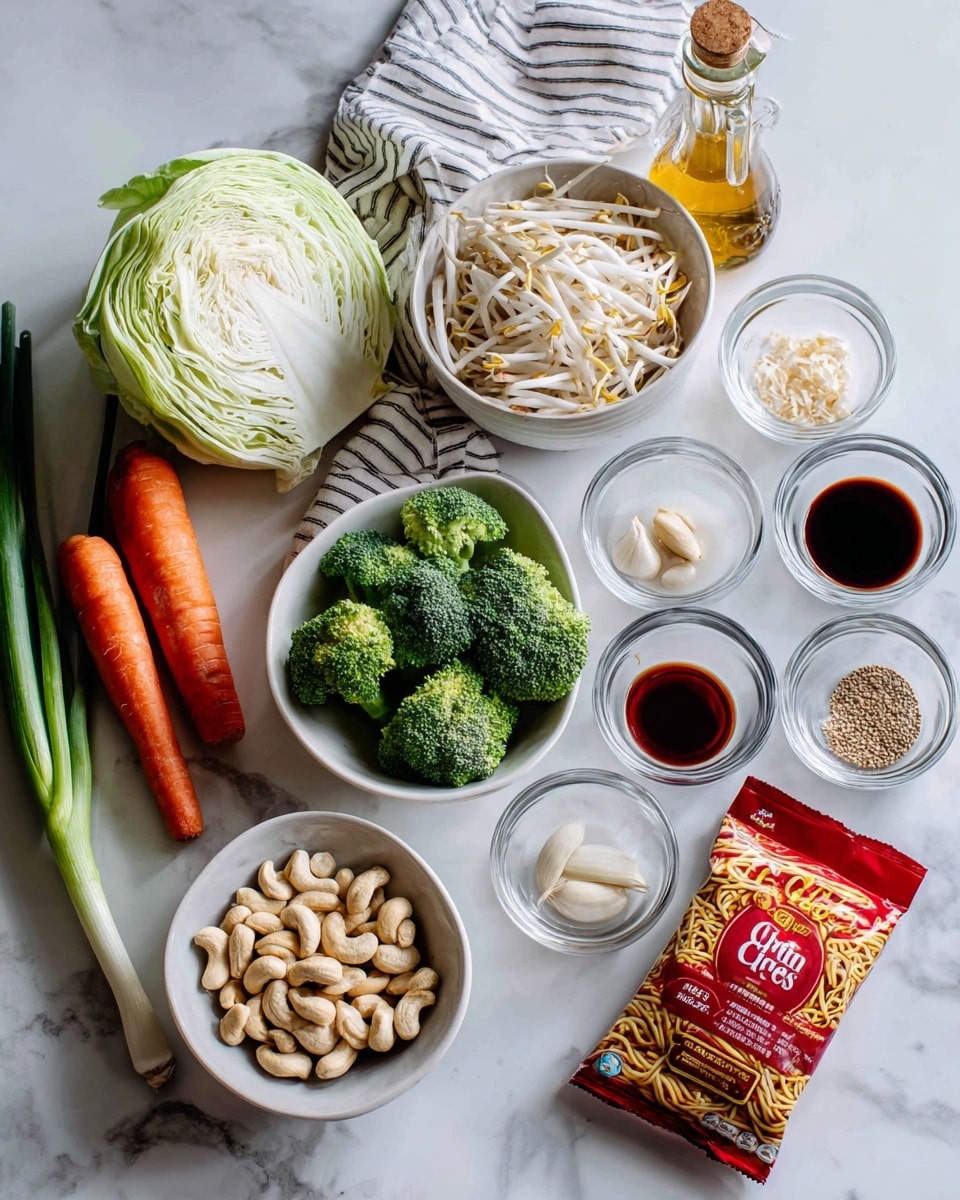 The image shows a neat arrangement of ingredients on a white marbled surface, starting with a striped cloth holding a half head of cabbage with pale green layers, two whole orange carrots, and two long green onions on the left side. Next to them, a white bowl overflows with white bean sprouts that have light brown tips. Below, a clear bowl contains bright green broccoli florets, and in front of it, a white bowl holds light beige cashew nuts. To the right, eight small clear glass bowls are arranged in two rows, each holding different ingredients in varied colors: dark red sauce, dark soy sauce, a dark spice powder, amber honey, and three white garlic cloves. Nearby, a clear glass bottle filled with golden oil stands. Farther right, a red packet of Chow Mein noodles with vibrant packaging featuring noodles and vegetables lies flat. The whole setup is bright and clean, captured with natural light. photo taken with an iphone --ar 4:5 --v 7