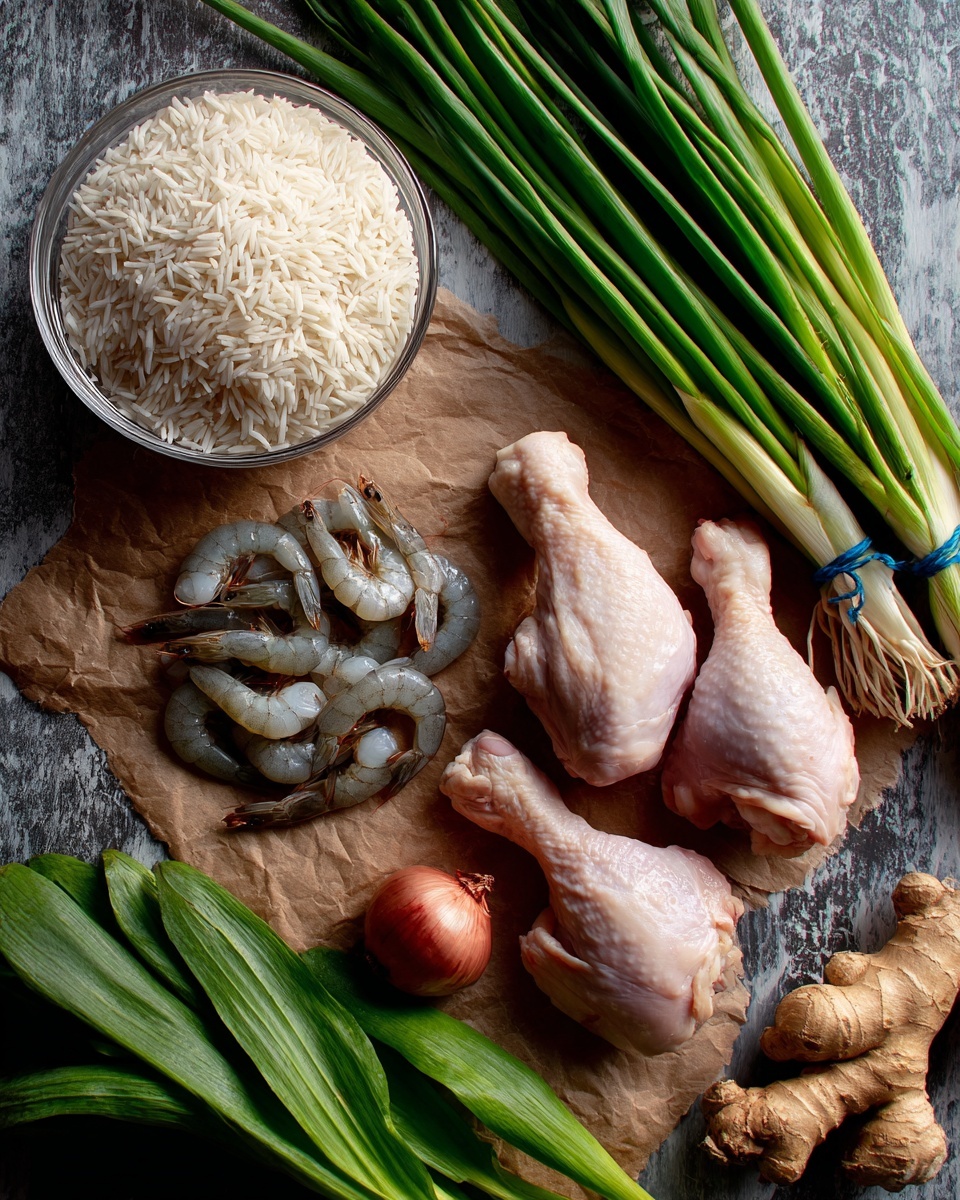 A glass bowl full of white uncooked rice sits on the top left over brown paper, next to a small pile of raw shrimp with shiny, translucent bodies that have a light gray and pink color. On the right side of the shrimp, two chicken thighs with smooth, pale pink skin and some fat are laid close to each other. At the top right, two bunches of green onions with bright green stalks tied with blue bands lean diagonally. Below the chicken lies a bunch of green leafy vegetables with thick stems, and at the bottom right, a piece of fresh ginger root with a rough light brown skin is placed near a single shallot with a smooth, shiny reddish-brown skin. The whole setup rests on a dark gray surface with a white marbled texture under the brown paper. photo taken with an iphone --ar 4:5 --v 7