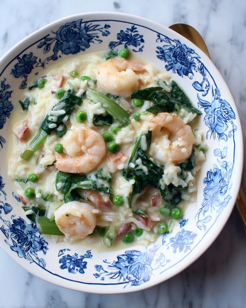 This close-up image shows a creamy rice dish in a white bowl with blue floral patterns. The dish has three main visible layers: the base of soft white rice soaked in a creamy sauce, scattered green peas that add pops of bright green throughout, and pieces of light pink shrimp that are shiny and slightly translucent. Interspersed among these are strips of pale cooked meat and wilted leafy greens with darker green veins and lighter stems, presenting a soft texture. The bowl is set against a white marbled surface, creating a clean background. Photo taken with an iphone --ar 4:5 --v 7