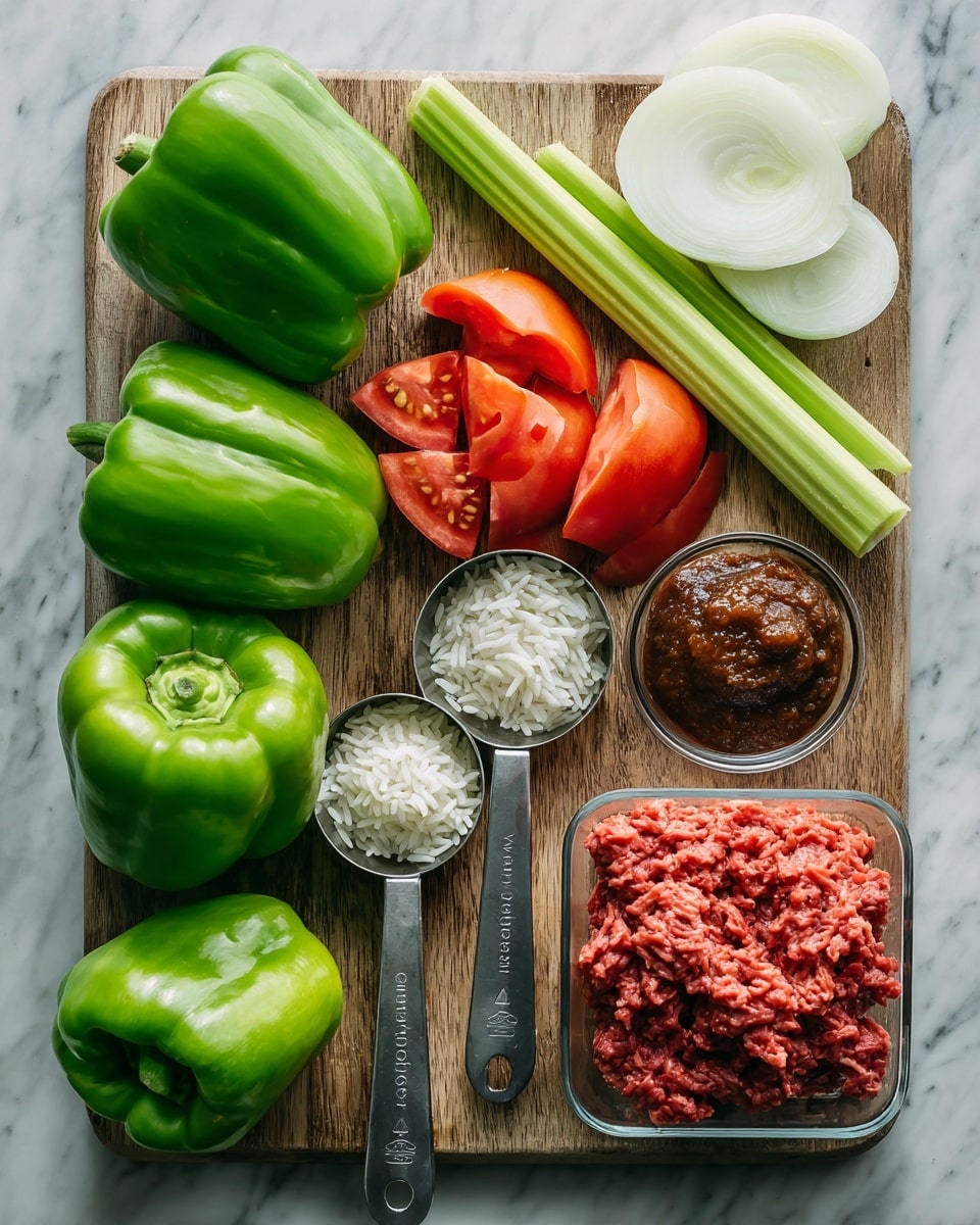 The image shows a wooden cutting board on a white marbled surface, filled with fresh ingredients arranged neatly. There are three whole green bell peppers on the left and some green bell pepper halves placed in front of them. On the board’s top are fresh tomato pieces with a deep red color next to a garlic head and stalk of celery. Three metal measuring spoons rest on the board, one filled with white rice, another with red tomato paste, and the last with a dark brown paste. There is a clear plastic container filled with bright red ground meat at the bottom right. Behind the board, slices of white onion are set out. The lighting is natural and bright, highlighting the colors and textures of the ingredients. Photo taken with an iphone --ar 4:5 --v 7