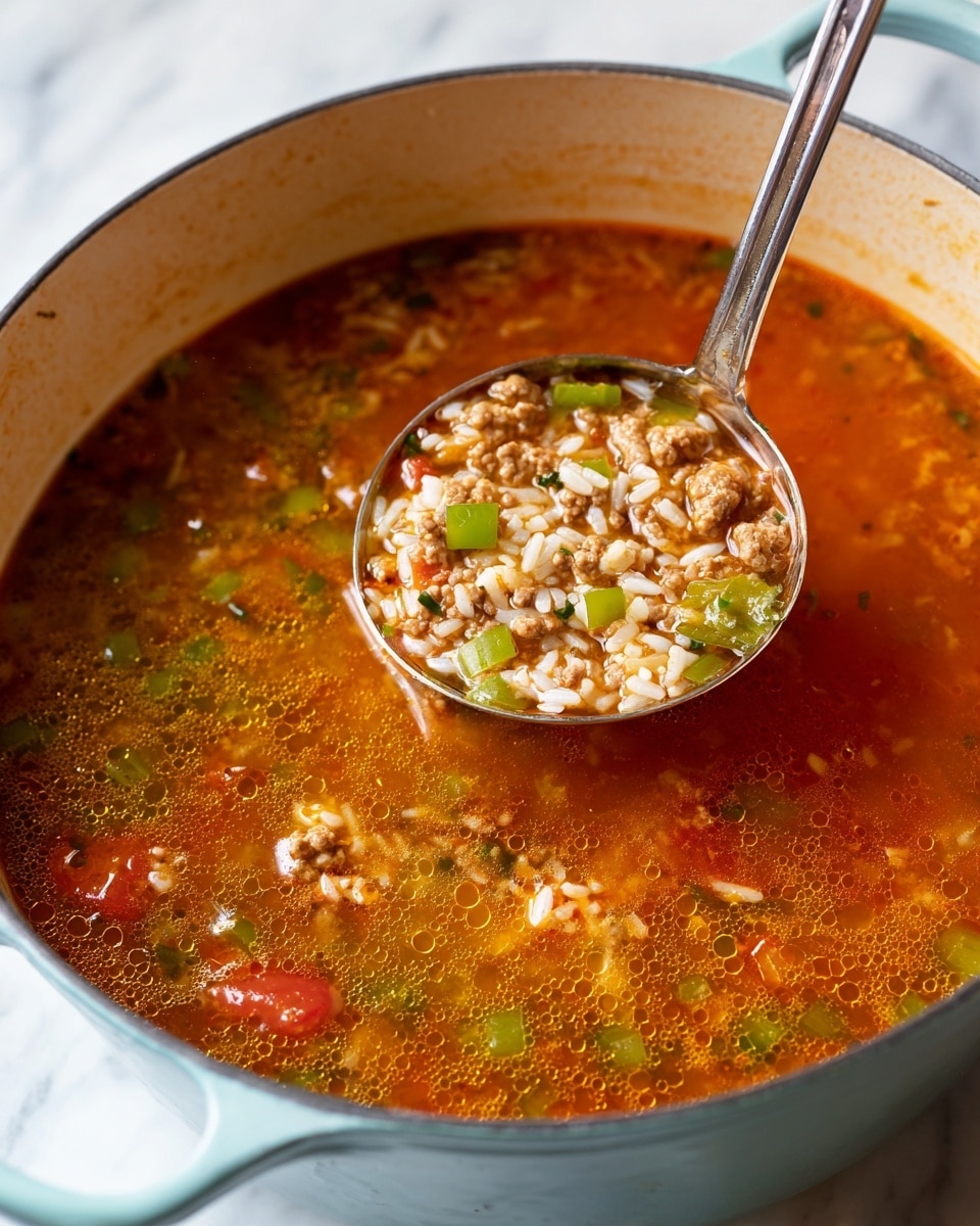 A close-up of a pot filled with a rich, reddish-orange broth that has small bubbles on the surface. Inside the broth, there are visible layers of light brown cooked ground meat, light green chopped bell peppers, translucent white diced onions, white rice grains, and small pieces of tomato adding a touch of red. A shiny silver ladle on the right side scoops up a mixture of the ingredients, showing the chunky textures clearly. The pot is placed on a white marbled surface, and the handle of the pot is light blue. Photo taken with an iphone --ar 4:5 --v 7