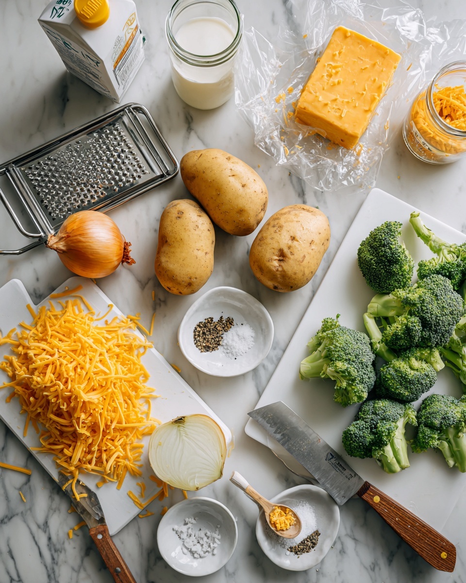 On a white marbled surface, a variety of cooking ingredients are spread out, including three whole yellow potatoes and a whole onion near the center. To the left, a white cutting board holds a pile of shredded orange cheddar cheese, with more cheese in a block wrapper, and a metal cheese grater placed over some cheese shreds. Fresh broccoli florets are scattered to the right, with some on a second white cutting board and others partially covered by a clear plastic bag. A large knife is lying on the white cutting board with broccoli pieces nearby, and small white bowls hold salt, black pepper, and a small wooden spoon with more seasoning. A glass jar with a yellowish liquid and a carton of milk are visible in the upper left corner. A woman’s hand is not visible, but the scene gives an idea of ingredients being prepared for cooking. The image is bright and clean, photo taken with an iphone --ar 4:5 --v 7