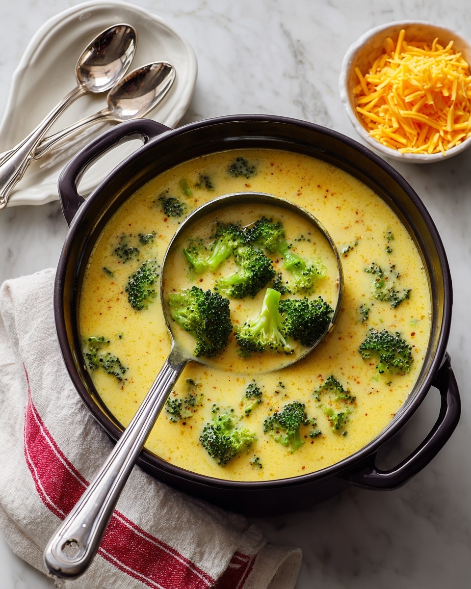 A black pot filled with creamy yellow soup with bright green broccoli pieces floating evenly on top; the soup has a smooth and slightly thick texture. A large silver ladle rests inside the pot, lifting a mix of broccoli and soup above the surface. The pot sits on a white marbled surface, next to a white plate holding two silver spoons and a small bowl with shredded cheddar cheese. A white cloth with red stripes is draped partially under the pot's handle. Photo taken with an iphone --ar 4:5 --v 7
