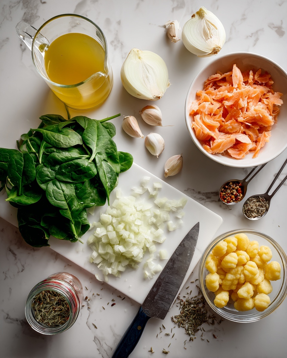 The image shows ingredients for cooking placed on a white marbled surface. There is a layer of fresh green spinach leaves on the left in a clear container. Next to it is a white cutting board with a chopped white onion spread across it, with the unchopped half placed nearby. A large kitchen knife with a black handle lies on the cutting board, partly on the chopped onion. Above, there is a white bowl filled with shredded orange-pink salmon. To the right, a clear container holds small yellow gnocchi. Near the gnocchi, there is a small open jar of fennel seeds with some spilled on the surface, along with two metal measuring spoons filled with dried herbs and seeds. A cluster of peeled and unpeeled garlic cloves is scattered around the center. In the upper left corner, a glass jug contains yellow broth, and beside it, a small can sits open revealing red tomato chunks inside. The whole scene is brightly lit, showing clear textures of each ingredient. Photo taken with an iphone --ar 4:5 --v 7