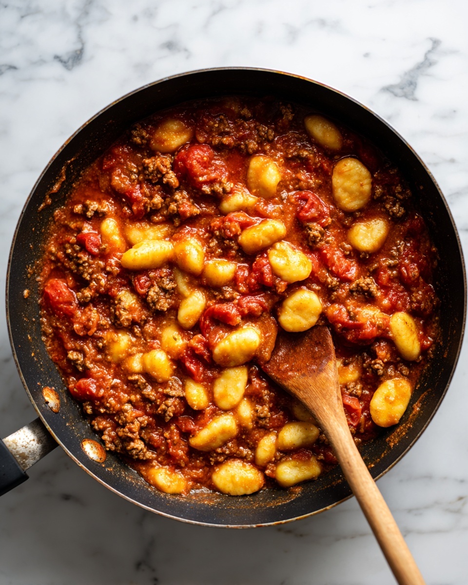 The image shows a black pan on a white marbled surface filled with a simmering mix of reddish-brown sauce with visible chunks of tomatoes and browned minced meat. Light yellow gnocchi pieces float on top of the sauce. A wooden spoon is partially submerged in the liquid, stirring the contents. The sauce has some bubbles and foam on the surface, giving the impression of cooking. The background is dark, highlighting the vibrant colors in the pan. Photo taken with an iphone --ar 4:5 --v 7