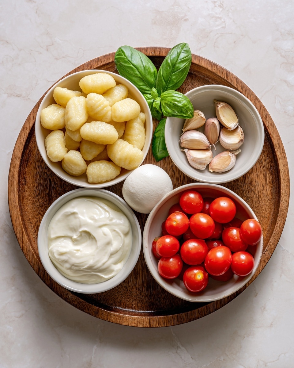 The image shows a wooden round tray holding five small white bowls and a few fresh basil leaves. The top left bowl is filled with pale yellow gnocchi, which look soft and smooth. Next to it, on the top right section of the tray, there are several garlic cloves with a light brown dry skin and a small bunch of green basil leaves behind them. Below the gnocchi bowl, on the bottom left, is a bowl filled with creamy white liquid, likely cream. To its right, a bowl is packed with bright red cherry tomatoes, glossy and fresh. In the bottom center of the tray, there is a small white bowl containing a round, smooth white ball of fresh mozzarella. The entire arrangement is set on a white marbled surface. photo taken with an iphone --ar 4:5 --v 7