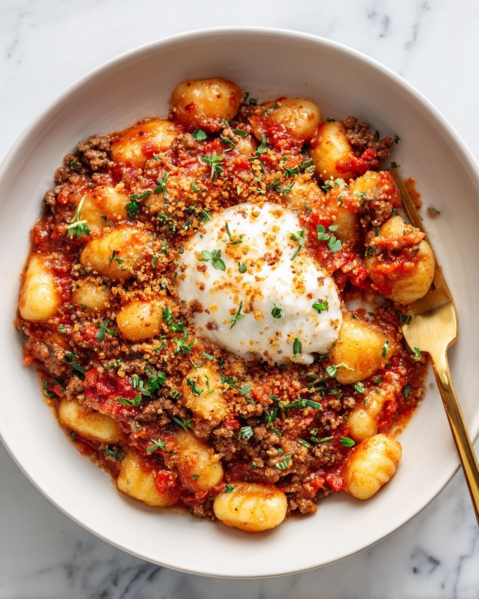A white bowl filled with soft gnocchi pieces covered in a rich red tomato sauce with small bits of browned ground meat mixed in. On top of the gnocchi is a bright white dollop of creamy cheese, melting slightly into the sauce. The dish is sprinkled with golden-brown toasted breadcrumbs and small green herbs, adding texture and color contrast. A gold fork is placed on the right side of the bowl, with a few pieces of gnocchi on it. The bowl is set on a white marbled surface. photo taken with an iphone --ar 4:5 --v 7
