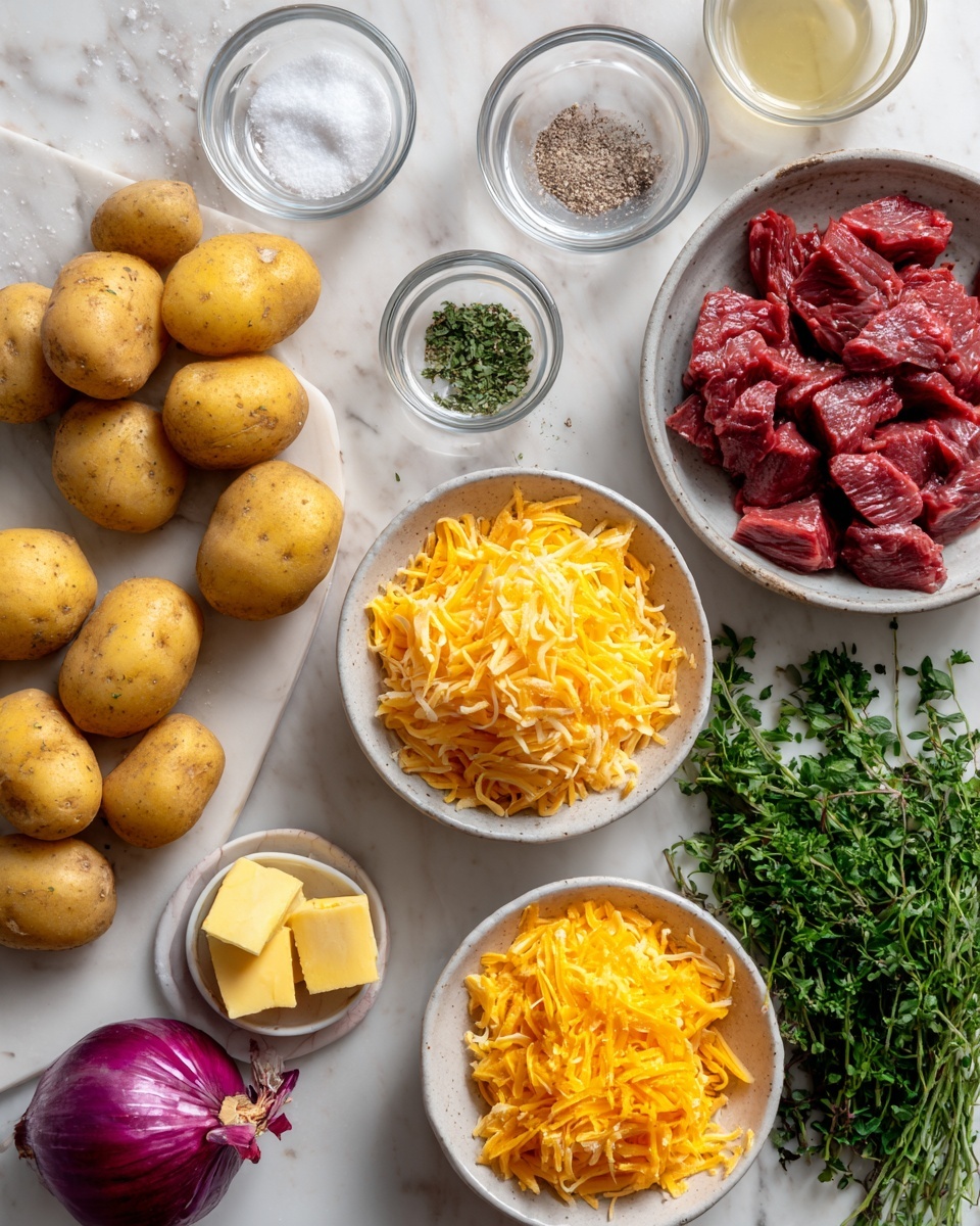 The image shows ingredients for a dish arranged neatly on a white marbled surface, featuring two small bowls of shredded orange cheese at the top right and center right. Just below the cheese on the right side, there is a bunch of fresh green herbs. Near the bottom center, there is a small pile of cubed yellow butter next to a purple garlic bulb. At the top left corner, there are two glass bowls, one with salt and the other with pepper. To the left center, several whole yellow potatoes are lined up. In the middle left, there is a small pile of raw red meat pieces next to a small white bowl of liquid and a white bowl of additional ingredients. A woman’s hand is seen holding the bowl of cheese on the top right. The overall setup is clean and organized, ready for cooking. photo taken with an iphone --ar 4:5 --v 7