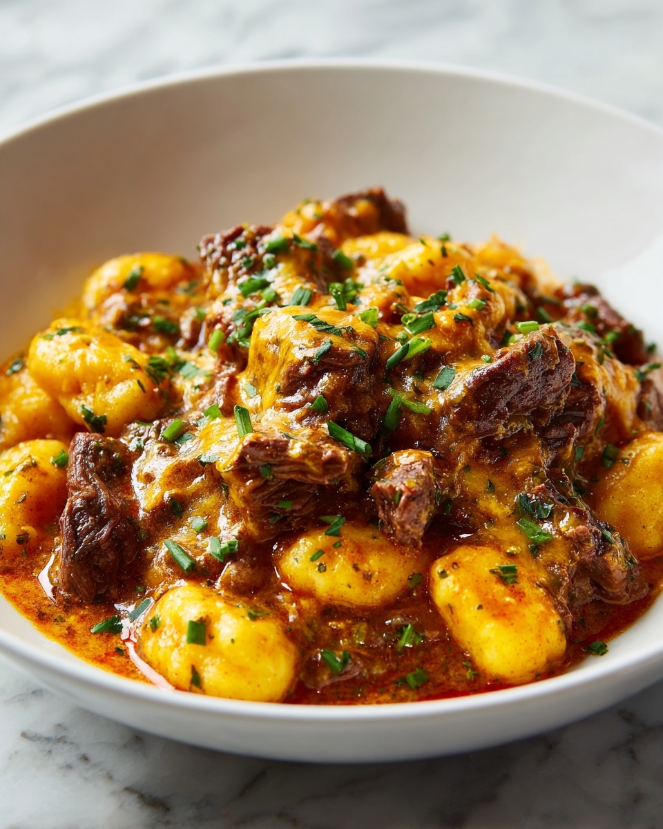 A close-up of a white bowl filled with a stew of tender brown beef chunks mixed with golden yellow gnocchi, topped with melted yellow cheese that looks soft and creamy. Small pieces of green herbs are sprinkled on top, adding a fresh touch. The dish sits on a white marbled surface, showing its warm and hearty texture with a rich, thick sauce beneath the layers of beef and gnocchi. Photo taken with an iphone --ar 4:5 --v 7