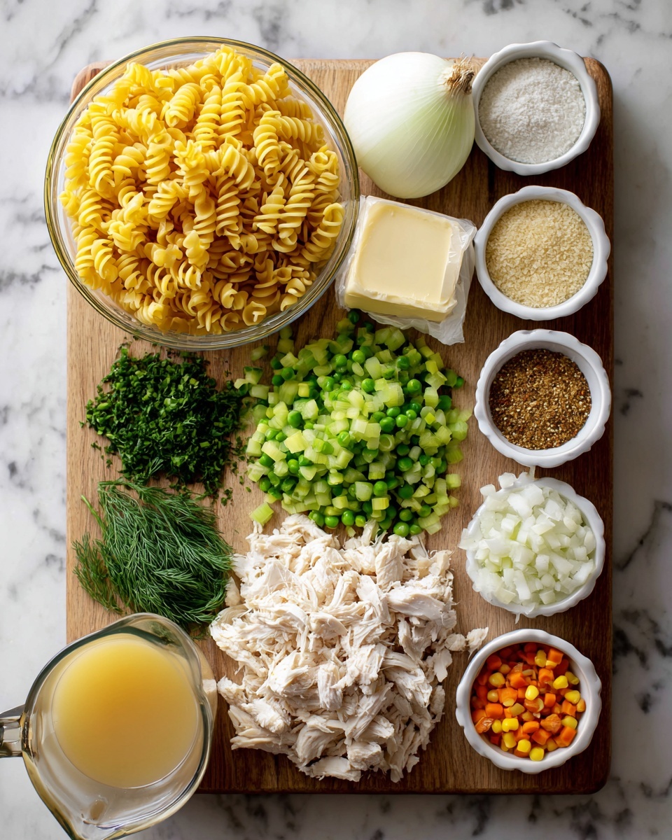 The image shows a wooden board on a white marbled surface with several ingredients arranged neatly. From left to right, there is a clear glass bowl filled with yellow spiral pasta, next to chopped green celery pieces in the middle, and finely chopped white onions beside a halved white onion at the top right. On the lower middle side, there is shredded white chicken and near that, chopped garlic cloves. At the top center, a small wrapped piece of butter sits next to fresh green dill sprigs. Surrounding the board, on the white marbled background, there are small glass and white bowls holding white salt, flour, mixed spices, milk, and frozen peas mixed with diced carrots. A glass measuring cup filled with yellow chicken stock is at the bottom left. photo taken with an iphone --ar 4:5 --v 7