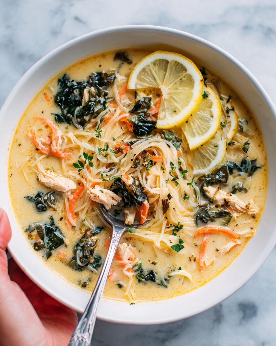 The image shows a white bowl filled with creamy soup that has a light beige color. Inside the soup, there are several layers: bright orange carrot pieces, thin white noodles, and dark green spinach leaves, all mixed together with shredded light-colored chicken. Two thin lemon slices with a few small green herb sprinkles lay on top near the edge. A silver spoon held by a woman's hand is scooping up some soup, noodles, spinach, and chicken. The bowl sits on a white marbled surface. photo taken with an iphone --ar 4:5 --v 7