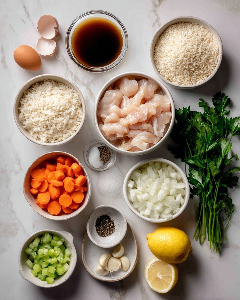 The image shows several white bowls placed on a white marbled surface, each filled with different ingredients. One bowl holds raw sliced chicken, pale pink in color, while another bowl contains uncooked rice, off-white and grainy. There is a small bowl with white chopped onions and another bowl with thinly sliced orange carrots. A small bowl has chopped green celery, and another contains peeled garlic cloves, smooth and white. There is a small white dish with black pepper and salt. A bunch of fresh green parsley is on the surface, and two juicy lemon halves are nearby. A glass cup with a dark brown sauce is also present. A woman's hand is holding a cracked raw egg in the top left of the image. photo taken with an iphone --ar 4:5 --v 7