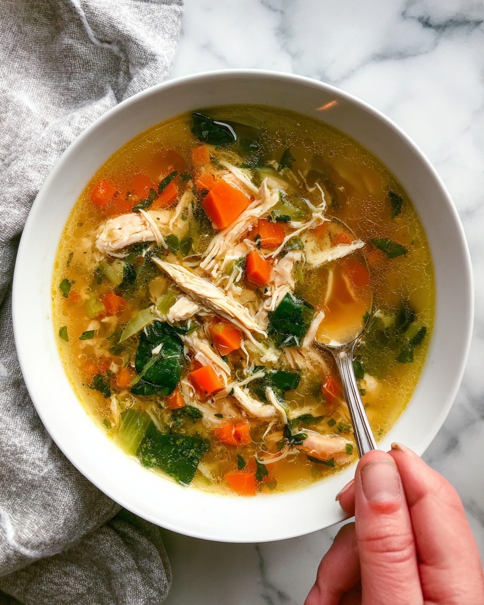 A white bowl filled with a clear soup that has visible pieces of shredded chicken, orange carrot cubes, small green spinach leaves, chopped celery, and some yellow broth. The soup layer is full and covers the ingredients evenly. A woman's hand is holding a silver spoon near the edge of the bowl, resting on a white marbled surface. photo taken with an iphone --ar 4:5 --v 7