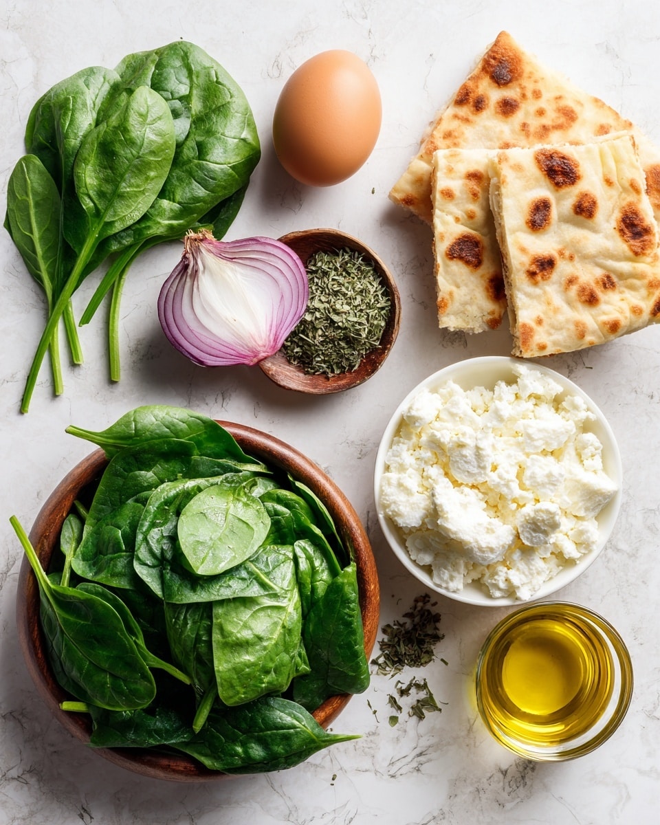The image shows fresh spinach leaves with a deep green color and smooth texture on the left side, next to a brown egg and a halved red onion revealing light purple layers. Near the center, there is a small wooden bowl filled with dried green herbs and a few loose herbs scattered around. To the right, a white bowl is filled with crumbly white cheese, and beside it, four square pieces of flatbread that are golden brown with toasted spots. A small glass of yellow olive oil is placed on the far right. All items are arranged on a white marbled surface. Photo taken with an iphone --ar 4:5 --v 7