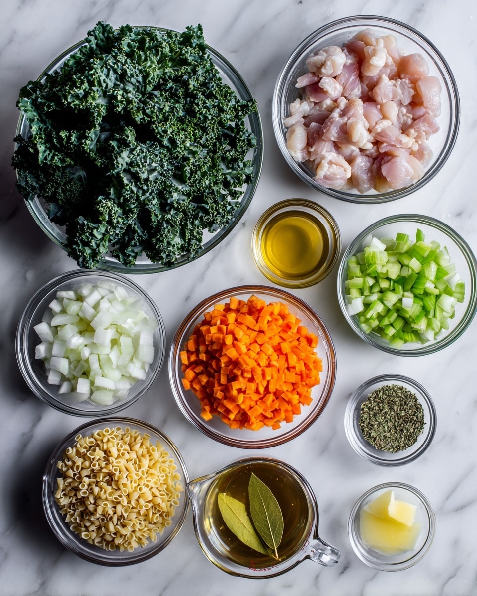 The image shows ten glass bowls and a clear measuring cup arranged neatly on a white marbled surface. The largest bowl on the left holds a pile of fresh, dark green curly kale leaves with a rough texture. Moving right, a smaller bowl contains light pink pieces of raw chicken, diced into chunks. Below that, a bowl is filled with finely chopped bright orange carrots with smooth edges. To the left of carrots, there is a bowl with small chopped white onions. Below onions, a bowl of small pale yellow orzo pasta grains can be seen. Next to the chicken on the right, there is a bowl of chopped light green celery. Above celery, a clear measuring cup holds a golden-yellow broth, and next to it, a tiny bowl contains dried oregano with a speckled green texture. Below the oregano bowl, small bowls hold salt, minced garlic, a single dark green bay leaf, and light yellow melted butter, creating a colorful and organized lineup of ingredients. photo taken with an iphone --ar 4:5 --v 7