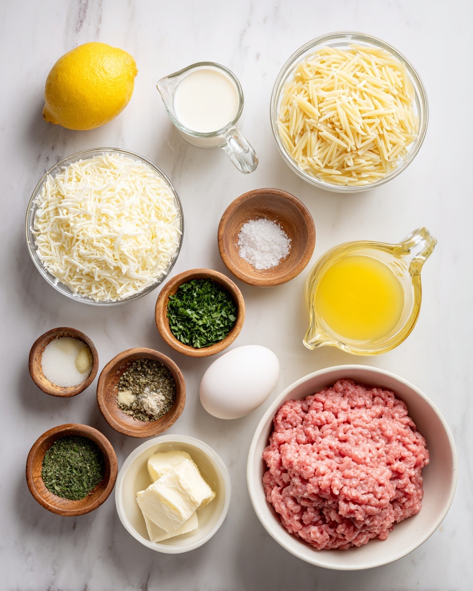 The image shows ingredients neatly arranged on a white marbled surface. Starting from the front right, there is a white bowl filled with pink ground meat. To the left of it is a whole lemon, and next to the lemon, a glass bowl filled with white shredded cheese. Above the cheese bowl is a small clear measuring cup containing milk. Towards the back, a white bowl contains dry orzo pasta, with a small glass pitcher of yellow broth to its right. Near the top are several small wooden bowls with different ingredients: chopped green herbs, butter, minced garlic, salt, pepper, and other spices. A single white egg sits near the top center in between these bowls. The colors of the ingredients range from white, green, yellow, and pink, and all containers are neatly placed with a clean, simple look. Photo taken with an iphone --ar 4:5 --v 7