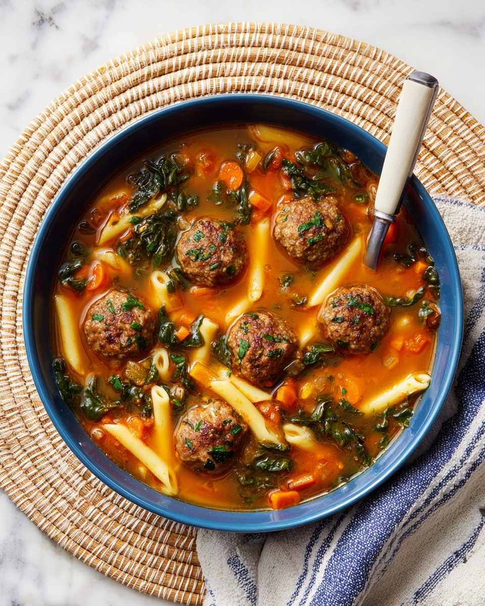 A blue bowl filled with a warm soup featuring seven round meatballs that are brown with green herb flecks. The soup has a thick, orange-red broth with small pieces of green leafy vegetables and bright orange carrot chunks dispersed throughout. Elongated pale yellow pasta shapes float in the broth, mixed evenly with the vegetables and meatballs. A metal spoon with a white handle rests inside the bowl on the right side. The bowl sits on a woven beige placemat with a white and blue striped cloth nearby, all set on a white marbled surface. photo taken with an iphone --ar 4:5 --v 7