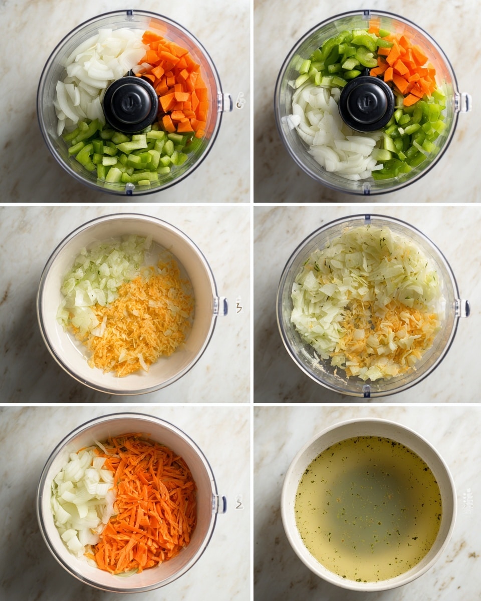 The image sequence shows a cooking process in six steps. Step 1 and 2 display a white bowl filled with chopped white onions, orange carrots, and green bell peppers, with the vegetables arranged in a visible layered manner. Step 3 shows the same vegetables inside a food processor with a black blade in the center, and step 4 shows the vegetables finely chopped into small pieces with a golden-yellow tone. Step 5 shows the white bowl filled with a light greenish liquid, with some small floating bits and texture, and step 6 shows the same bowl filled with a clear light broth, with a smooth surface. The background is a white marbled texture. photo taken with an iphone --ar 4:5 --v 7