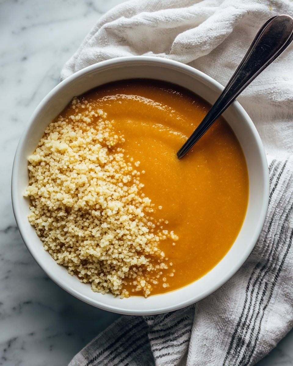 A white bowl filled with a thick orange soup, topped with a heap of light beige grains, likely barley or couscous, creating a textured layer on top. A black spoon rests inside the bowl on the right side, partly submerged in the soup. The bowl sits on a white marbled surface, with a white cloth napkin featuring thin gray stripes beside it. The scene has a cozy, rustic feel. Photo taken with an iphone --ar 4:5 --v 7