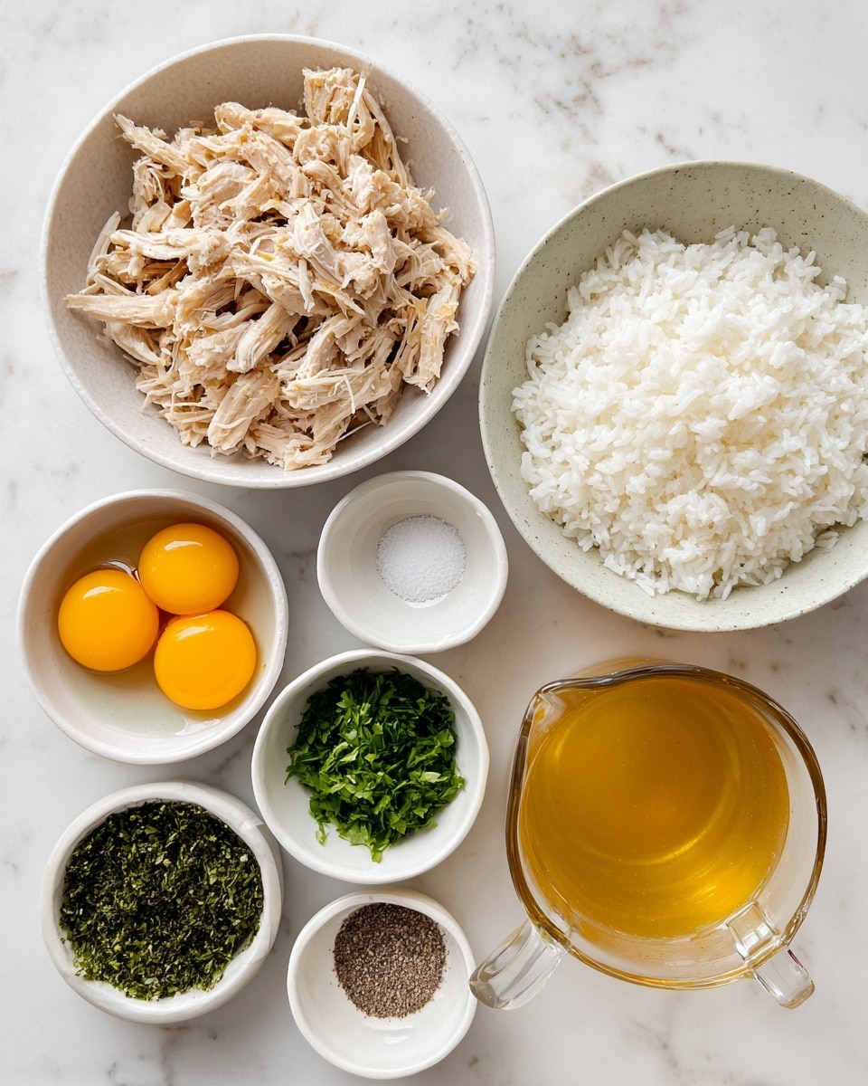 The image shows eight clear or white bowls arranged on a white marbled surface. In the largest bowl on the left, there are shredded light beige cooked pieces of chicken with a soft texture. Next to it, a medium-sized bowl holds fluffy white rice with a slightly grainy texture. A large glass measuring cup on the right is filled with a golden brown broth with a smooth surface. Below, four small bowls form a line: one contains two shiny dark yellow egg yolks, another has fresh green chopped herbs with a fine texture, the third holds a small amount of white granulated salt, and the fourth contains black pepper with a coarse texture. There is also a small bowl with pale yellow liquid, likely juice, showing a smooth, slightly thick surface. Photo taken with an iphone --ar 4:5 --v 7