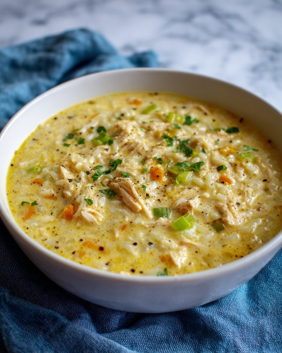 A white bowl filled with creamy chicken and rice soup sits on a blue cloth over a white marbled surface. The soup has a thick yellowish cream base with visible chunks of shredded chicken and pieces of rice throughout. Small green celery bits and black pepper sprinkled on top add texture and color contrast. The overall look is warm and hearty, with a creamy smooth texture holding the ingredients together. Photo taken with an iphone --ar 4:5 --v 7