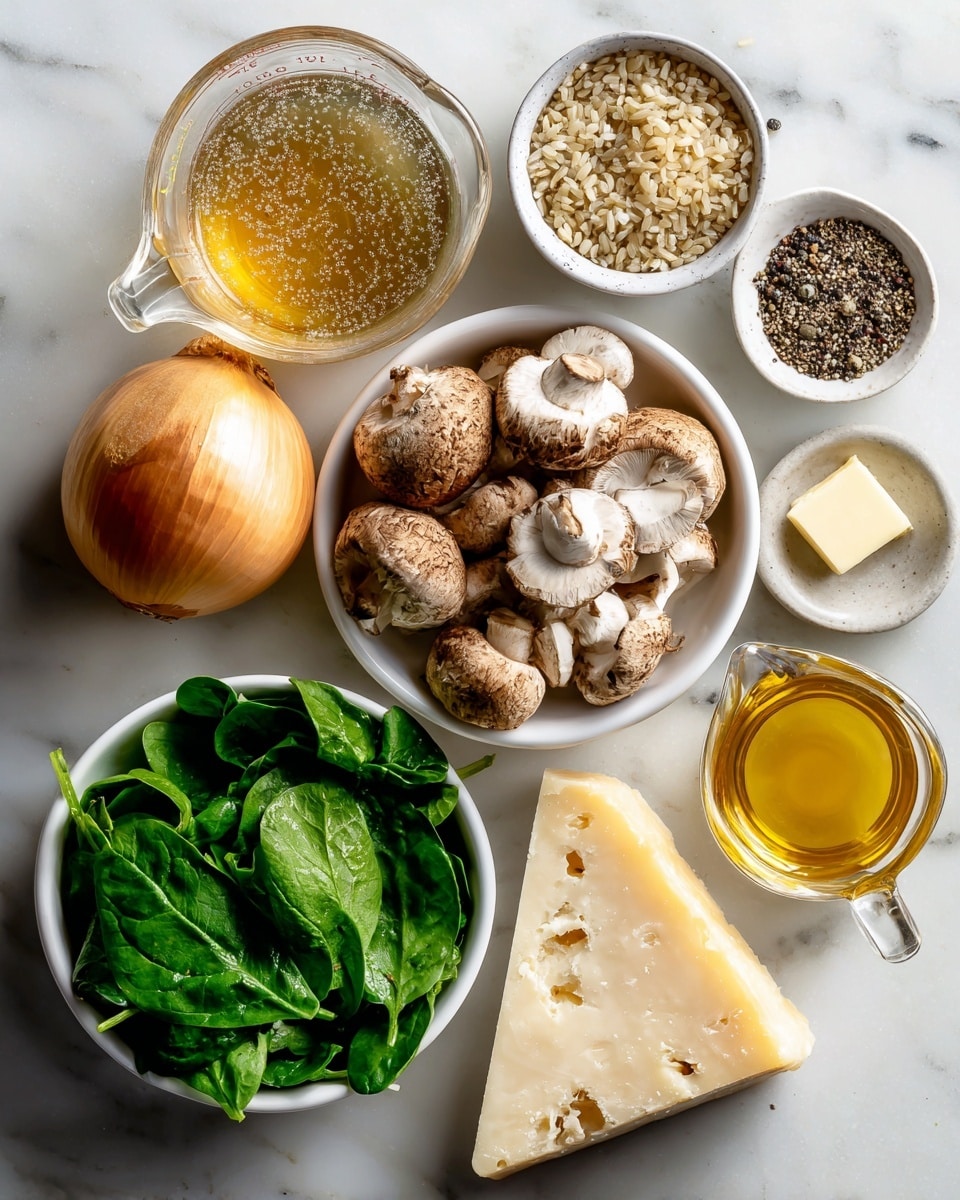 The image shows a white marble surface with several small white bowls arranged in a loose circle. One bowl contains fresh green spinach leaves, another is filled with sliced brown mushrooms. A whole yellow onion sits nearby. There is a small glass bowl with a mix of black and white pepper, and another with a small amount of uncooked brown rice. A clear measuring cup holds a light yellow broth or stock. Additionally, there is a small square of butter, a small dish with golden olive oil, and a wedge of pale yellow cheese with a rough edge on the side. photo taken with an iphone --ar 4:5 --v 7