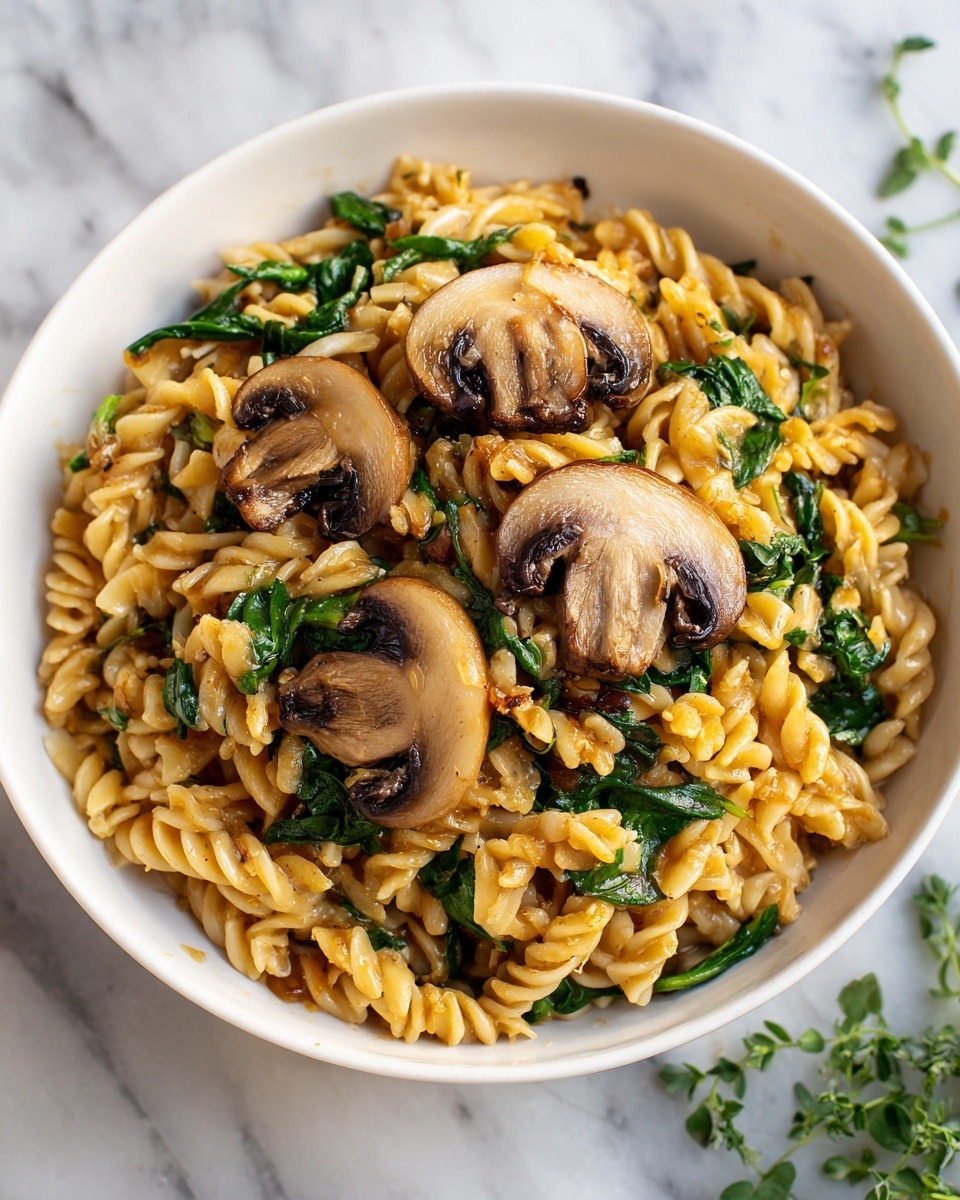 A white bowl filled with a dish of golden brown rice-shaped pasta mixed with sautéed spinach. On top, there are several large, light brown mushroom slices that look perfectly cooked with some darker browned edges. The pasta looks tender and mixed evenly with green spinach leaves scattered throughout. The bowl sits on a white marbled surface with some green herbs nearby, adding a fresh touch. photo taken with an iphone --ar 4:5 --v 7
