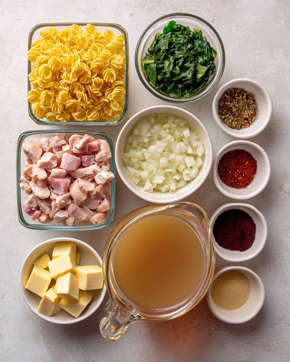 The image shows several glass bowls and a glass jug arranged neatly on a white marbled surface. There are three layers of small square and round glass bowls holding different ingredients: golden-yellow pasta, pink cubed chicken meat, and chopped green spinach. A larger white round bowl holds chopped white onions. A clear glass jug filled with light brown broth is positioned near the center. A small white square dish contains two light yellow cubes of butter. Other tiny round bowls hold various spices and seasonings in red, dark red, black, and beige colors. The arrangement is clean and orderly, with each ingredient clearly visible. photo taken with an iphone --ar 4:5 --v 7