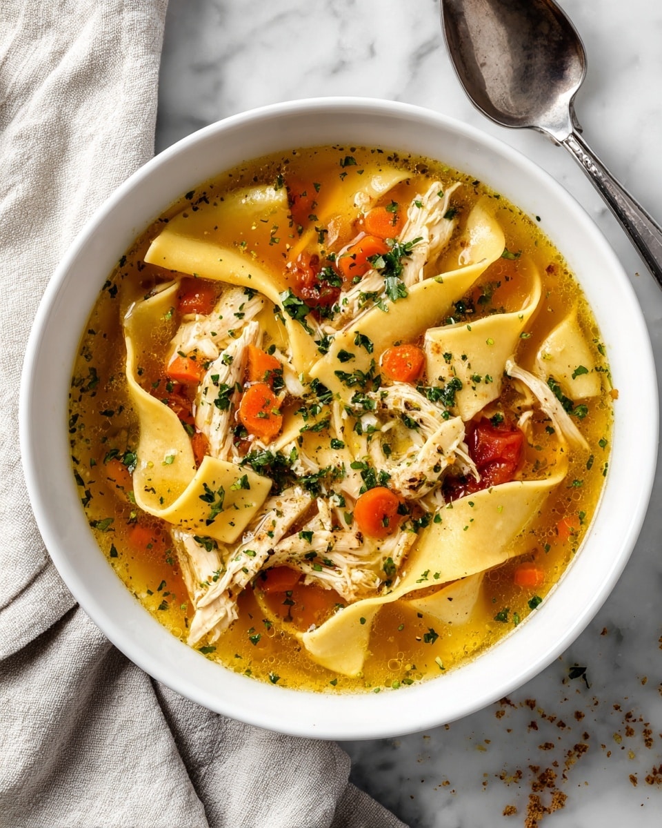 A white bowl filled with clear chicken soup sits on a white marbled surface. The soup has wide, flat noodle pieces layered with shredded chicken, thin orange carrot slices, and small green herbs scattered on top. The broth is golden with some red tomato pieces floating inside. Around the bowl, there are crumbs and a silver spoon to the side. photo taken with an iphone --ar 4:5 --v 7