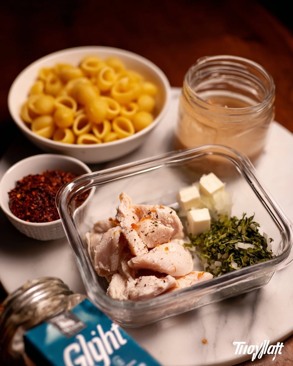 The image shows a white bowl filled with golden-yellow pasta shells in the top left, next to a small white bowl holding a deep red paste. To the right is a clear glass container with light brown broth and a glass jar of white cream. In the center, there is a clear container with light pink cooked chicken pieces, surrounded by small white bowls and dishes that hold chopped onions, green leafy herbs, light beige cubes of butter, white creamy sauce, reddish-brown dried spices, minced garlic, and finely sliced red chili peppers. The whole setup is on a white marbled surface. Photo taken with an iphone --ar 4:5 --v 7
