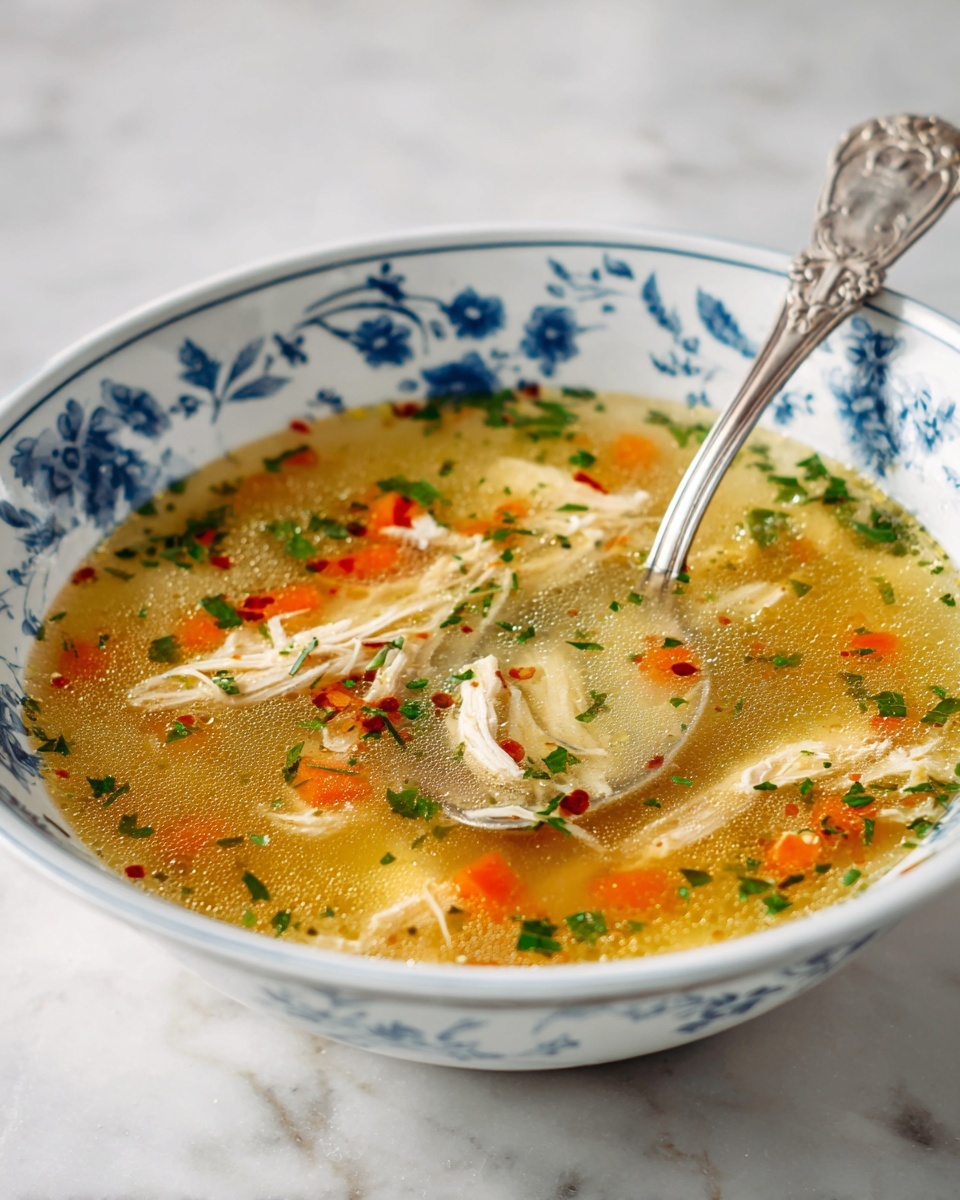 The image shows a shallow white bowl with blue floral designs, filled with a clear yellowish broth containing shredded light brown chicken pieces, small diced orange carrots, and tiny bits of green herbs sprinkled on top. A silver spoon with a decorative edge rests inside the bowl on the right side, with some broth and herbs on it. The bowl sits on a white marbled surface. Photo taken with an iphone --ar 4:5 --v 7