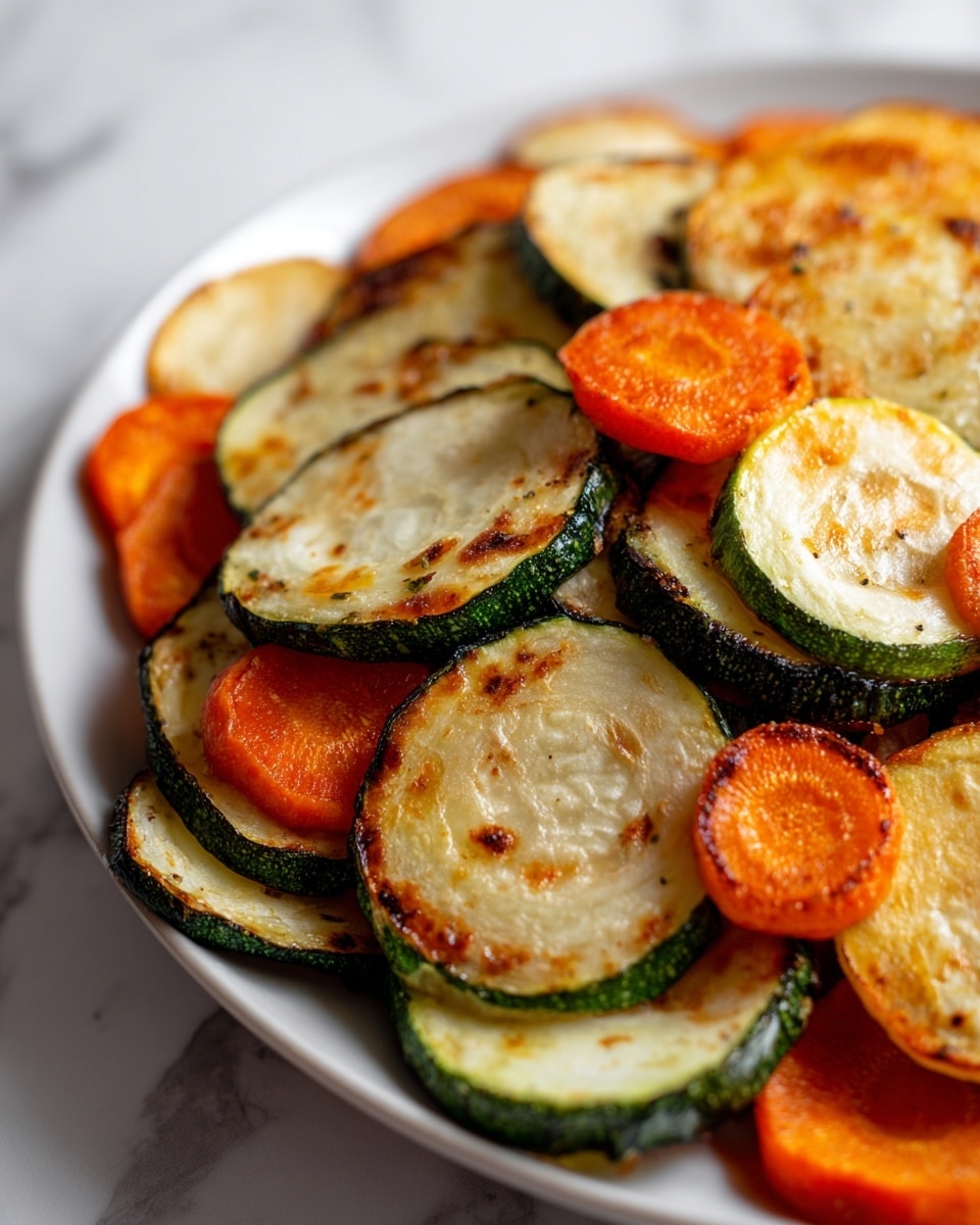 The image shows golden brown roasted vegetable slices arranged closely on a white plate. The vegetables include two types: several layers of green-edged zucchini rounds with lightly browned spots and a soft, pale cream inside, and smaller rounds of bright orange carrots with slightly darker roasted spots. The vegetables are mixed together, creating a pattern of green and orange circles stacked in layers against a white marbled surface background. photo taken with an iphone --ar 4:5 --v 7