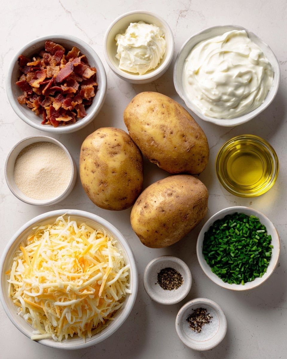 The image shows ingredients neatly arranged on a white marbled surface with bowls and loose items spaced out. Three medium brown potatoes with rough skins are placed in the center, surrounded by a bowl of crispy, brown bacon bits at the top left and a bowl of thick, white sour cream at the top right. A small white bowl below the bacon holds a pale beige powder. To the right of the potatoes is a small glass containing golden yellow oil. Near the bottom, a bowl filled with finely shredded, pale yellow cheese sits left of center, while a bowl of finely chopped dark green chives is to the right. At the lower right corner, a small white bowl holds a mixture of coarse black pepper and salt. The color tones are soft and neutral, with the white bowls contrasting the ingredients' natural colors. Photo taken with an iphone --ar 4:5 --v 7