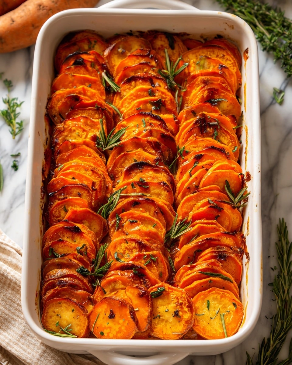 The image shows a white rectangular baking dish filled with multiple layers of thinly sliced sweet potatoes arranged vertically. The sweet potato slices are golden-orange with some edges browned or slightly charred, giving a mix of bright and deep orange shades. The slices are closely packed, creating rows and columns with a slightly uneven texture due to the browning. Small green rosemary sprigs are scattered on top, adding a touch of green contrast. The dish is placed on a white marbled surface with fresh sweet potatoes and rosemary visible in the background. photo taken with an iphone --ar 4:5 --v 7