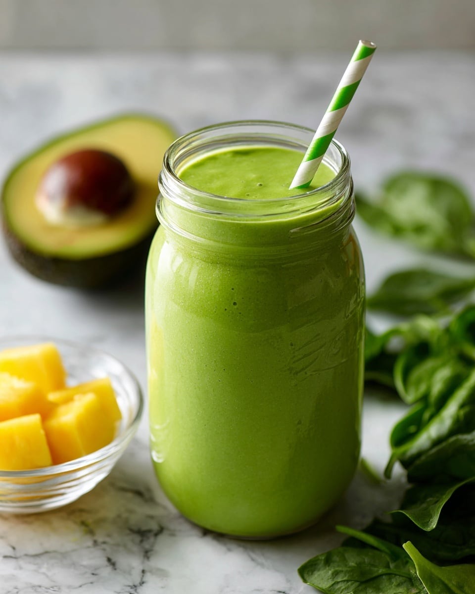 A glass jar filled with a smooth bright green smoothie sits front and center on a white marbled surface. The smoothie has thick texture and fills the jar to the top where a green and white striped paper straw stands upright. Behind the jar to the left, half an avocado is visible showing its dark seed and green flesh. To the front left, a small clear glass bowl holds yellow pineapple pieces, and on the right side, fresh leafy spinach adds a dark green color. The scene looks fresh and healthy with bright natural light. Photo taken with an iphone --ar 4:5 --v 7