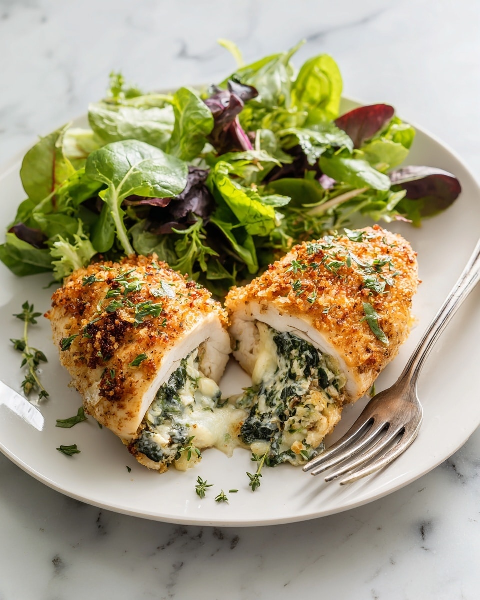 On a white plate placed on a white marbled surface, there are two golden-brown stuffed chicken breasts with a slightly crispy textured outer layer sprinkled with finely chopped green herbs. The chicken breasts are sliced open slightly to show a creamy white and green spinach and cheese filling inside. To the left side of the plate, there is a fresh mixed green salad made of different types of leafy greens, including light and dark green leaves with some purplish-red ones. A silver fork rests on the right edge of the plate. Photo taken with an iphone --ar 4:5 --v 7