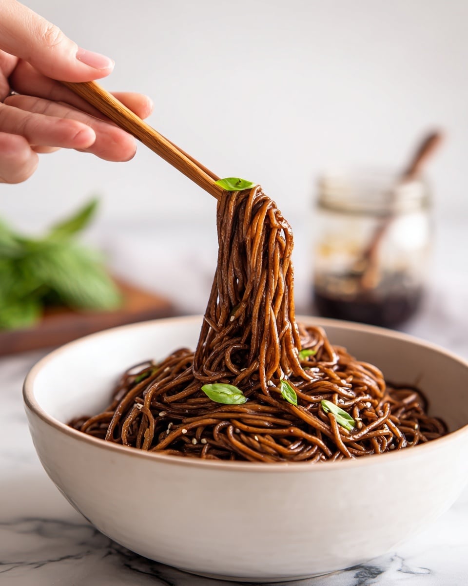 A close-up view of dark brown noodles in a white bowl. The noodles look saucy and shiny with a bit of green garnish on top. A woman’s hand holds wooden chopsticks lifting a bundle of noodles above the bowl. In the blurred white marble background, there is a jar with sauce and some green leafy vegetables. Photo taken with an iphone --ar 4:5 --v 7